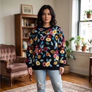 Vintage Floral Intarsia Knit Sweater - Black Multi - Size Small